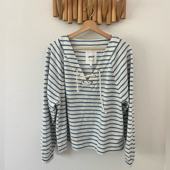 Aerie Women Small Terrycloth Sweatshirt Pullover Blue Striped Beach Summer Lace - Picture 1 of 7